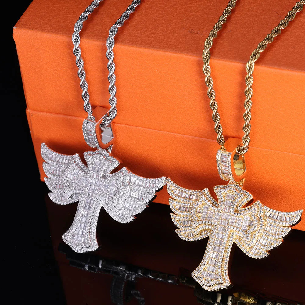 Pavé-Drenched Wing Angel Cross Pendant