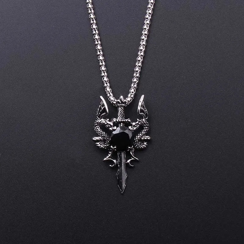 Double Dragon Black Gem Cross Necklace
