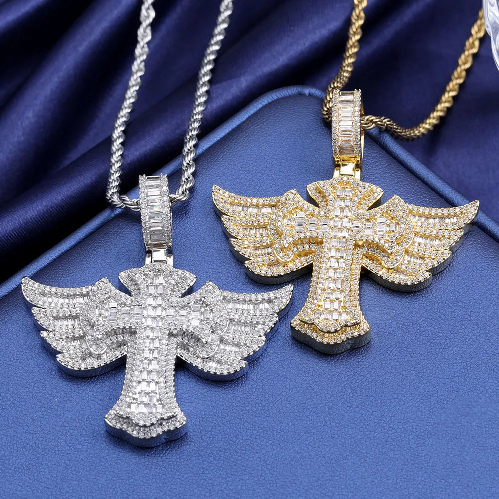 Pavé-Drenched Wing Angel Cross Pendant