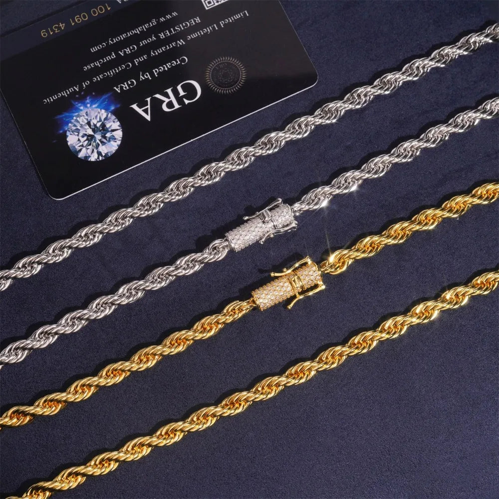 Iced Out Moissanite Rope Chain Necklace 925 Silver Buckle Hiphop Jewelry 18K Gold Plated Men Link Necklace Stainless Steel