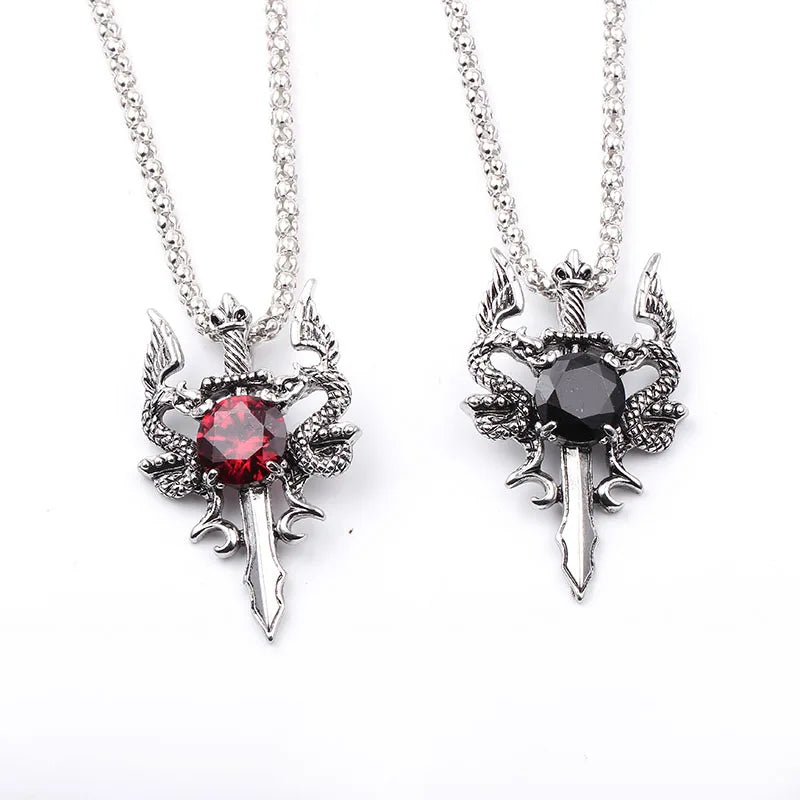 Double Dragon Black Gem Cross Necklace