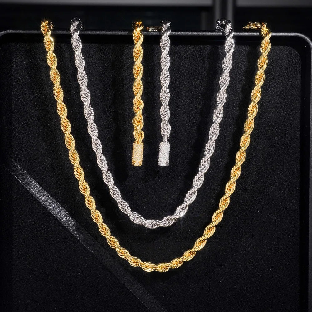 Iced Out Moissanite Rope Chain Necklace 925 Silver Buckle Hiphop Jewelry 18K Gold Plated Men Link Necklace Stainless Steel