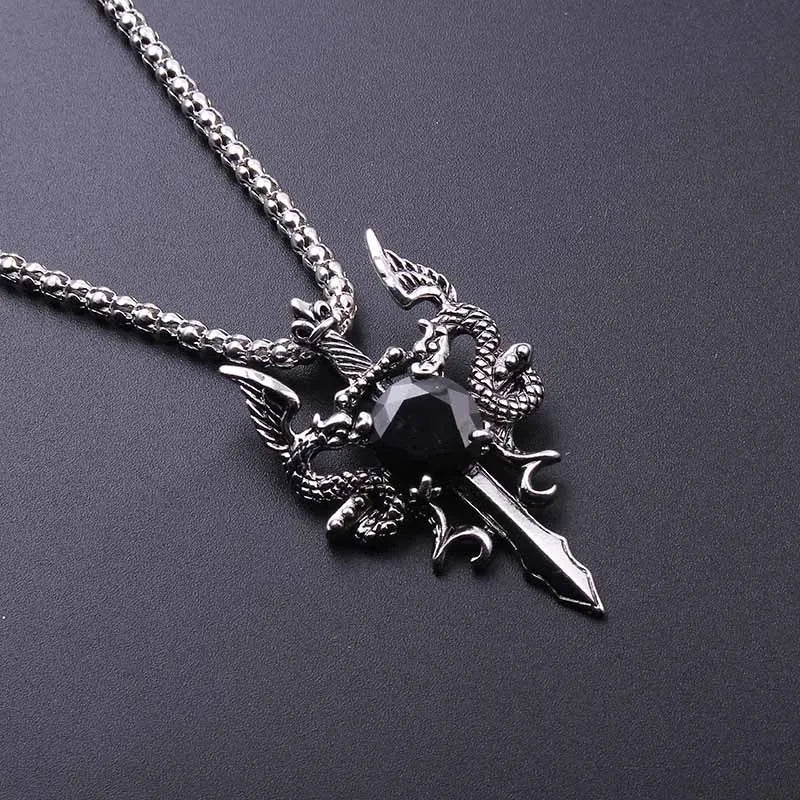 Double Dragon Black Gem Cross Necklace