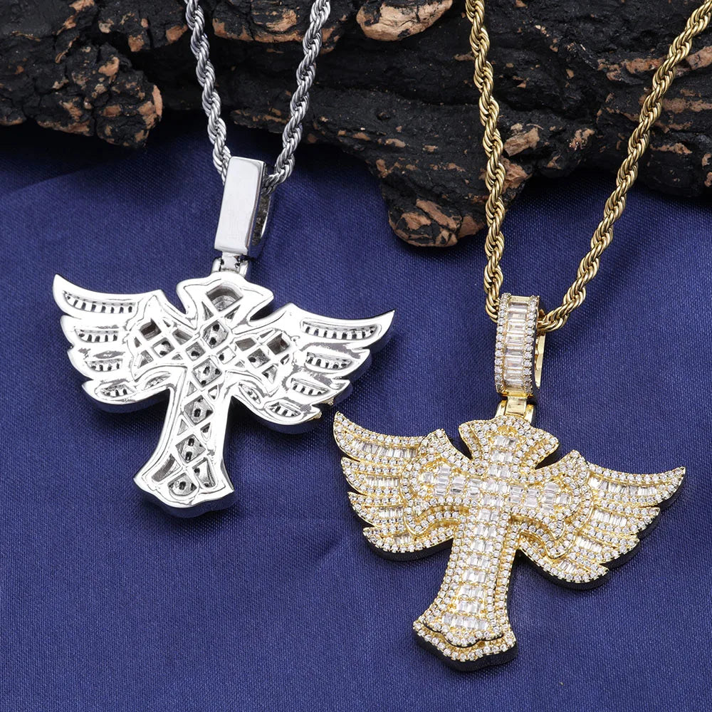 Pavé-Drenched Wing Angel Cross Pendant