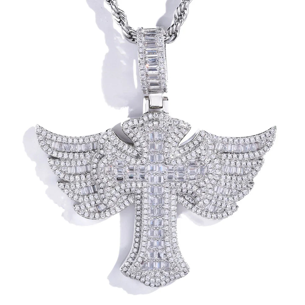 Pavé-Drenched Wing Angel Cross Pendant