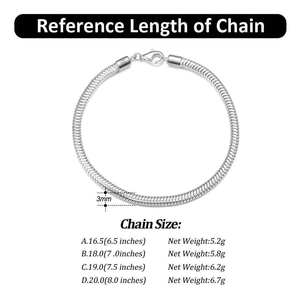 RINNTIN SB100 6.5, 7, 7.5, 8, Inch 925 Silver Italian Solid 3mm Snake Dome Herringbone Chain Link Bracelet for Women Men