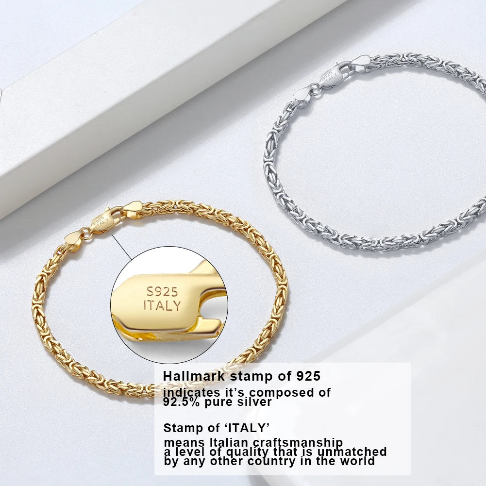 RINNTIN BSB122 Handmade Italian 925 Sterling Silver 18K Gold 2.5mm Flat Byzantine Link Chain Bracelet for Women Men