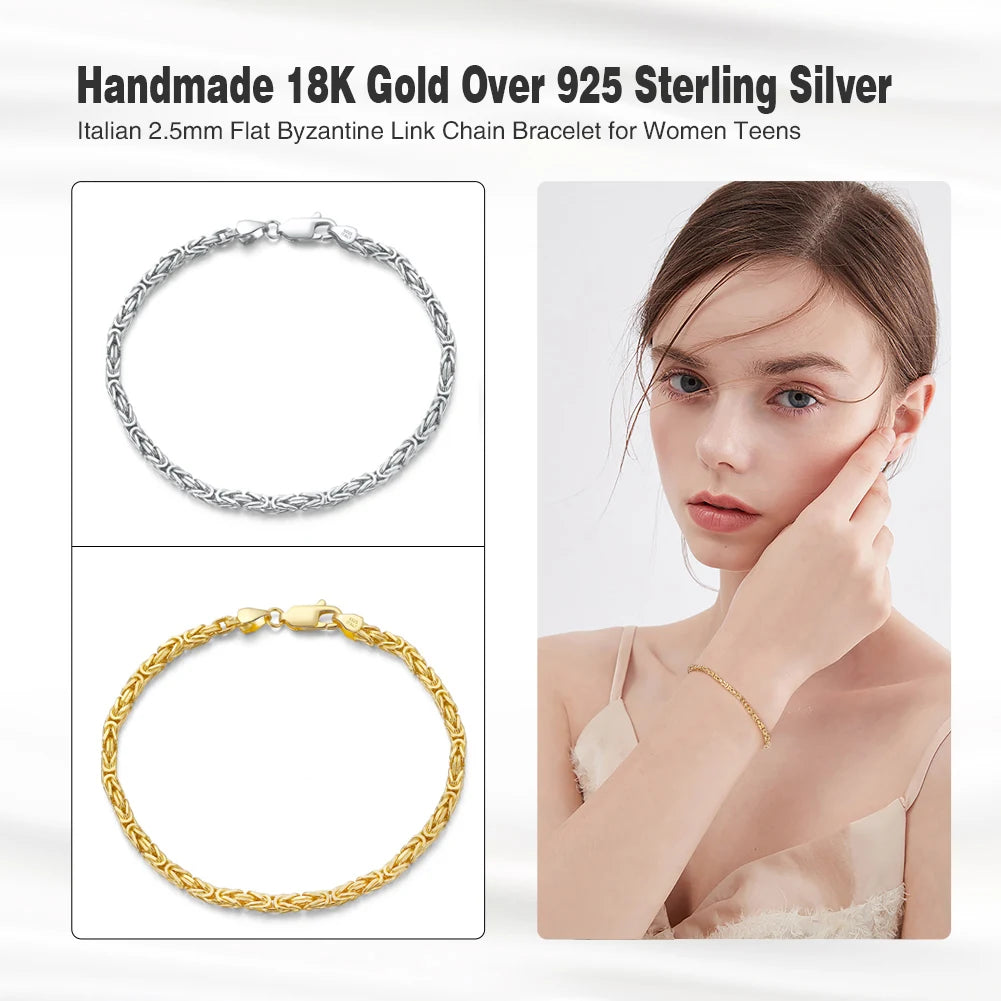 RINNTIN BSB122 Handmade Italian 925 Sterling Silver 18K Gold 2.5mm Flat Byzantine Link Chain Bracelet for Women Men