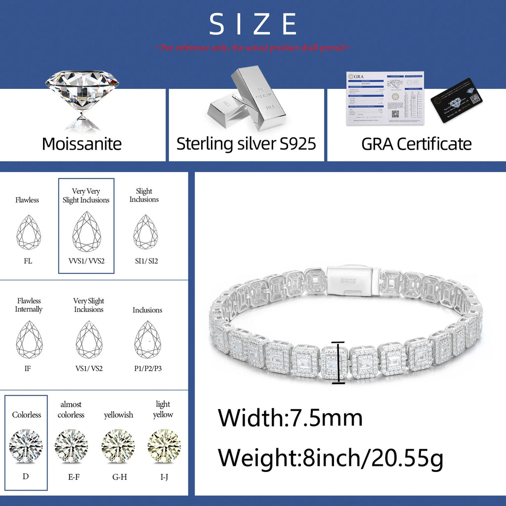 Hip Hop Jewelry 7.5mm White Gold 925 Silver Cluster VVS Baguette Moissanite Diamond Ice Out Tennis Bracelet for Men Women