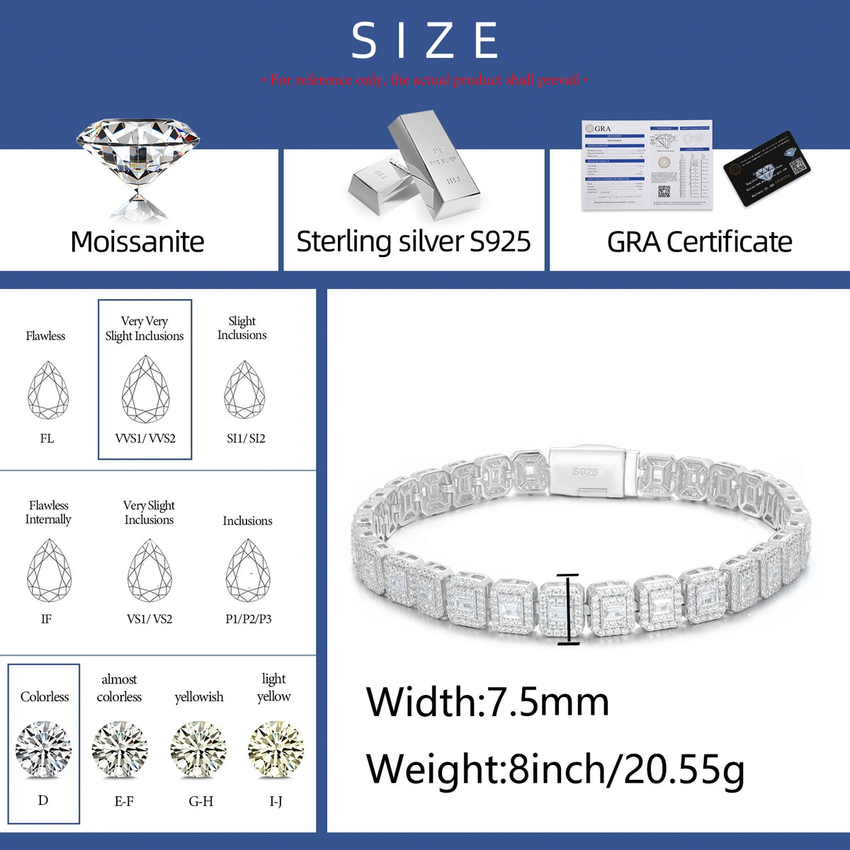 Hip Hop Jewelry 7.5mm White Gold 925 Silver Cluster VVS Baguette Moissanite Diamond Ice Out Tennis Bracelet for Men Women