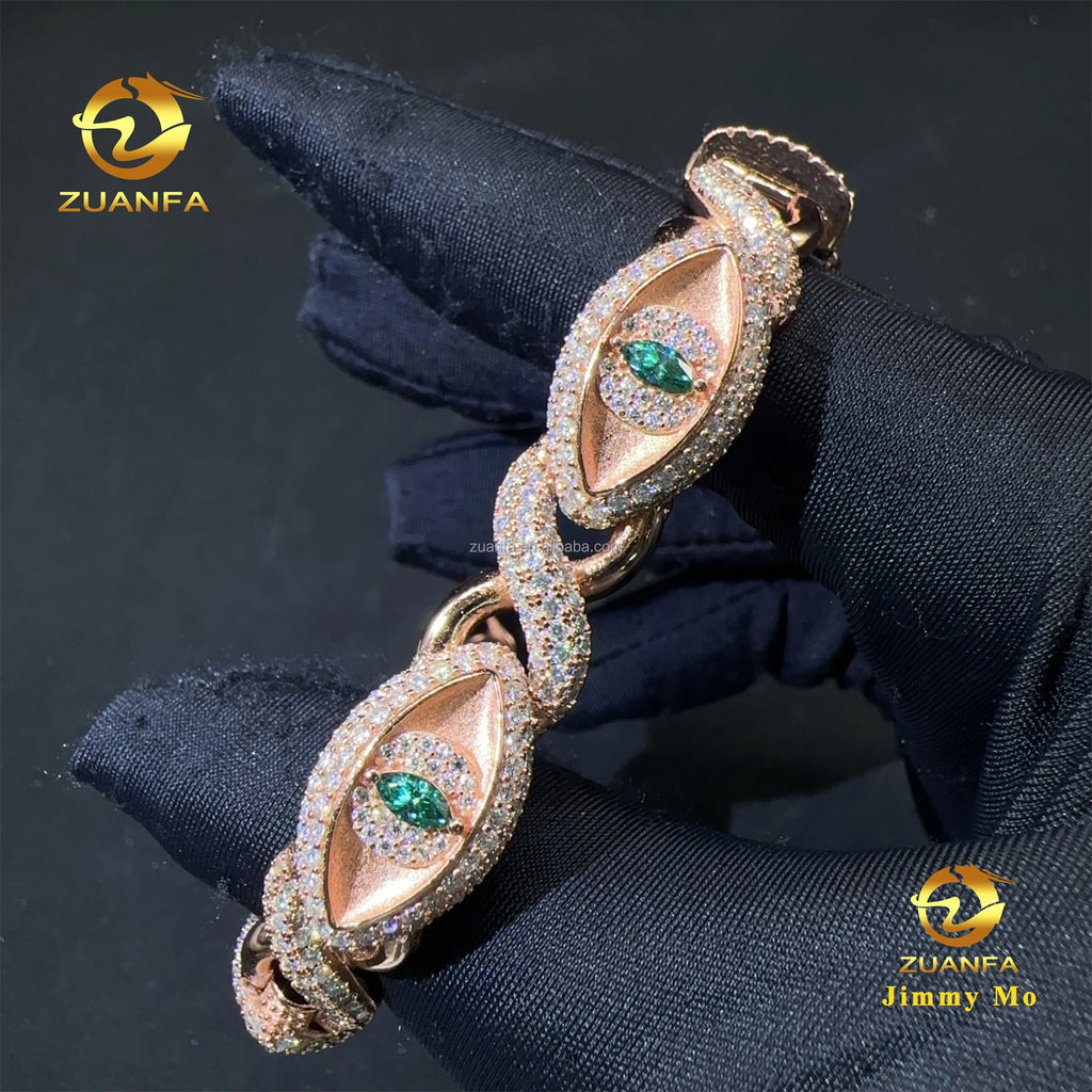 New Design Green Marquise Evil Eyes 12mm Rapper Jewelry GRA Certificate Iced Out S925 Moissanite Diamond Infinity Cuban Bracelet
