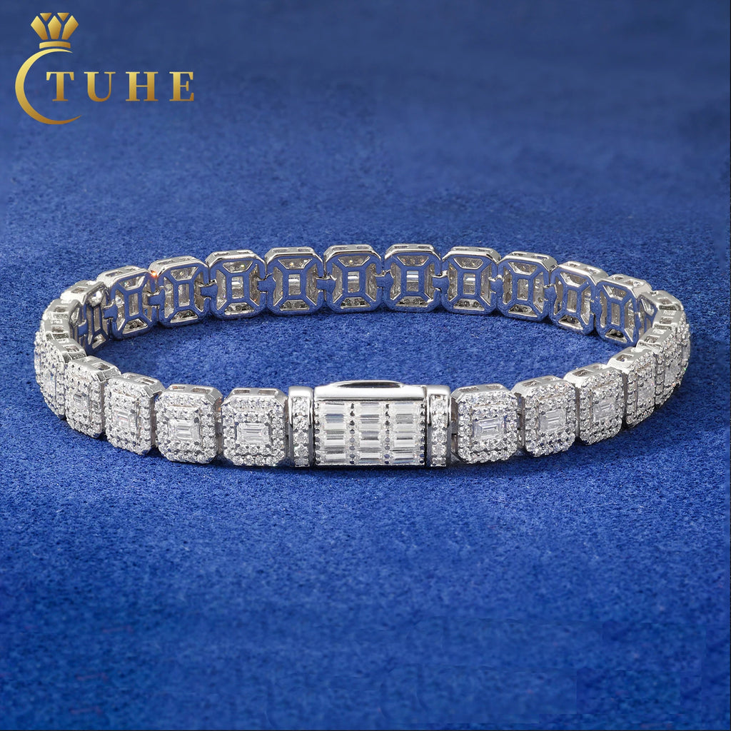 Hip Hop Jewelry 7.5mm White Gold 925 Silver Cluster VVS Baguette Moissanite Diamond Ice Out Tennis Bracelet for Men Women
