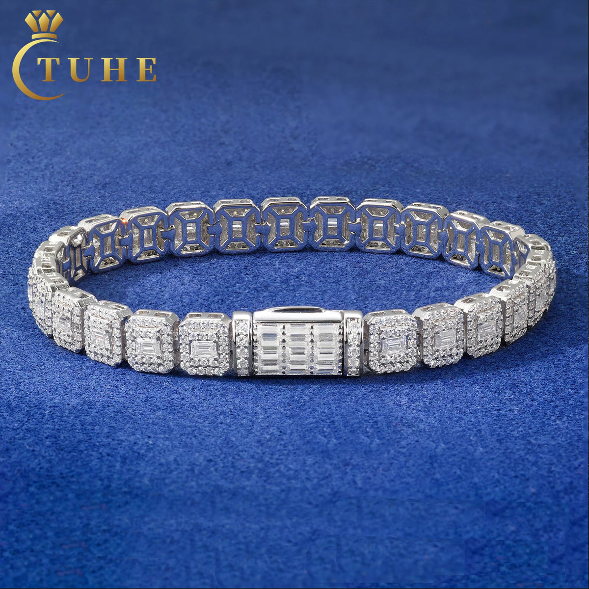 Hip Hop Jewelry 7.5mm White Gold 925 Silver Cluster VVS Baguette Moissanite Diamond Ice Out Tennis Bracelet for Men Women