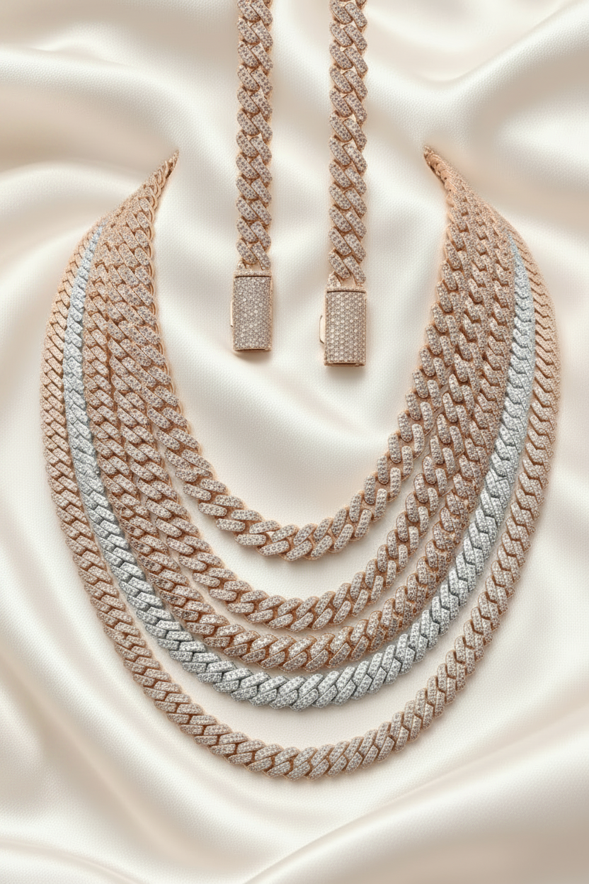 8-10mm Miami Cuban Link Chains Rose Gold 925 Sterling Silver Moissanite