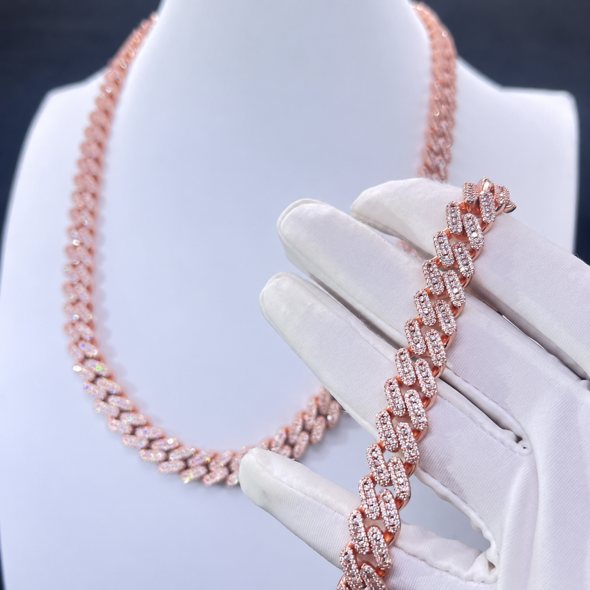 8-10mm Miami Cuban Link Chains Rose Gold 925 Sterling Silver Moissanite