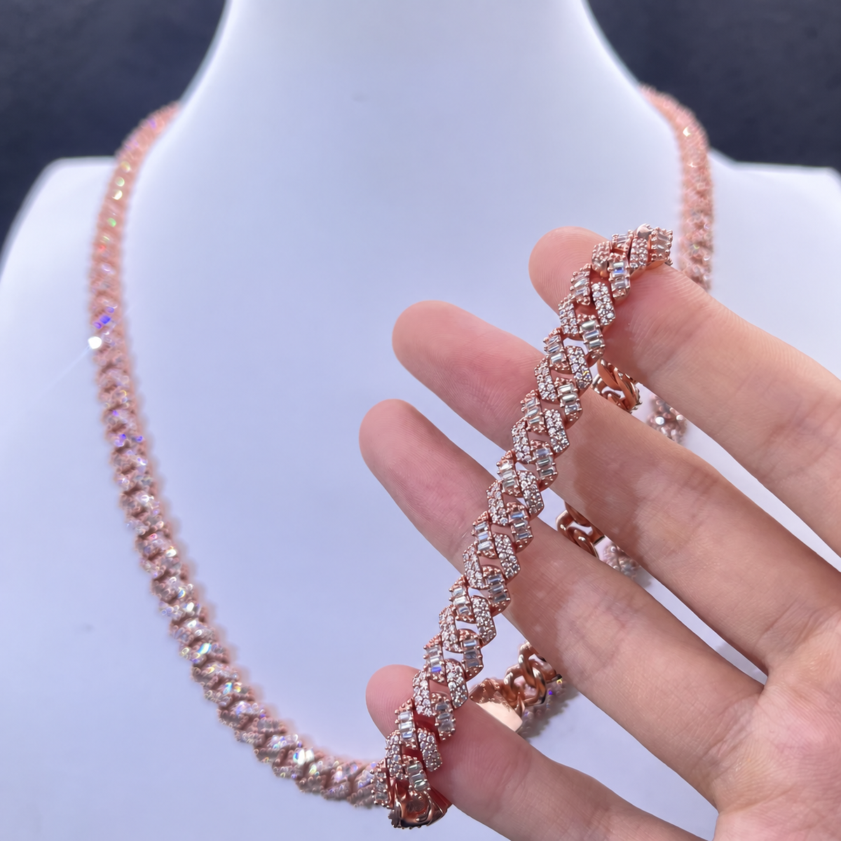 8-10mm Miami Cuban Link Chains Rose Gold 925 Sterling Silver Moissanite