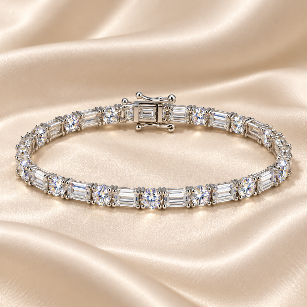 3mm Moissanite Baguette & Round Diamond Tennis Chain Necklace