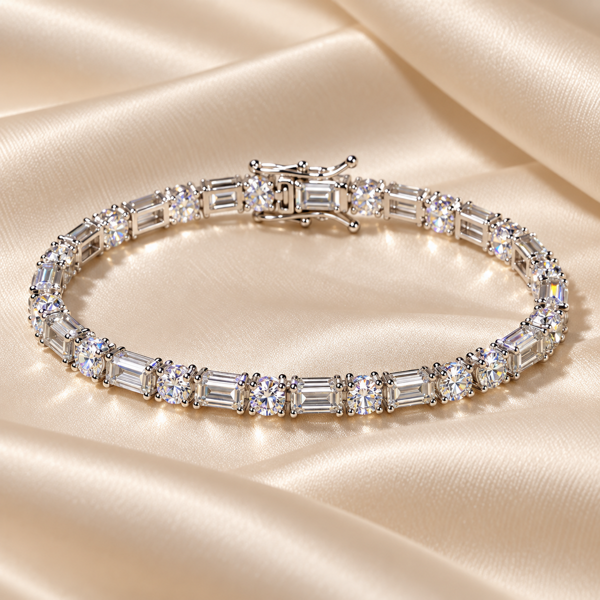 3mm Moissanite Baguette & Round Diamond Tennis Chain Necklace