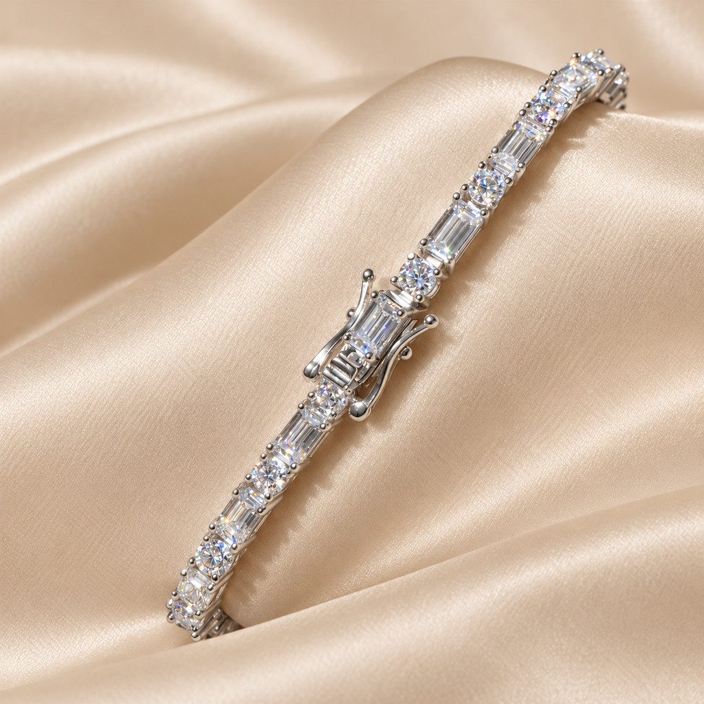 3mm Moissanite Baguette & Round Diamond Tennis Chain Necklace