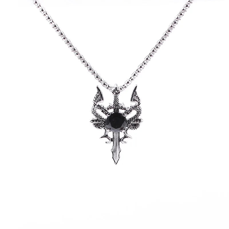 Double Dragon Black Gem Cross Necklace