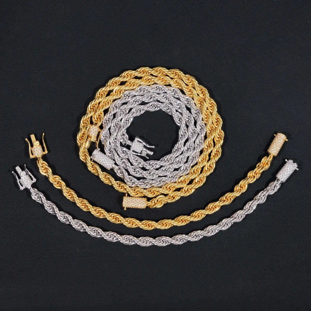 Iced Out Moissanite Rope Chain Necklace 925 Silver Buckle Hiphop Jewelry 18K Gold Plated Men Link Necklace Stainless Steel