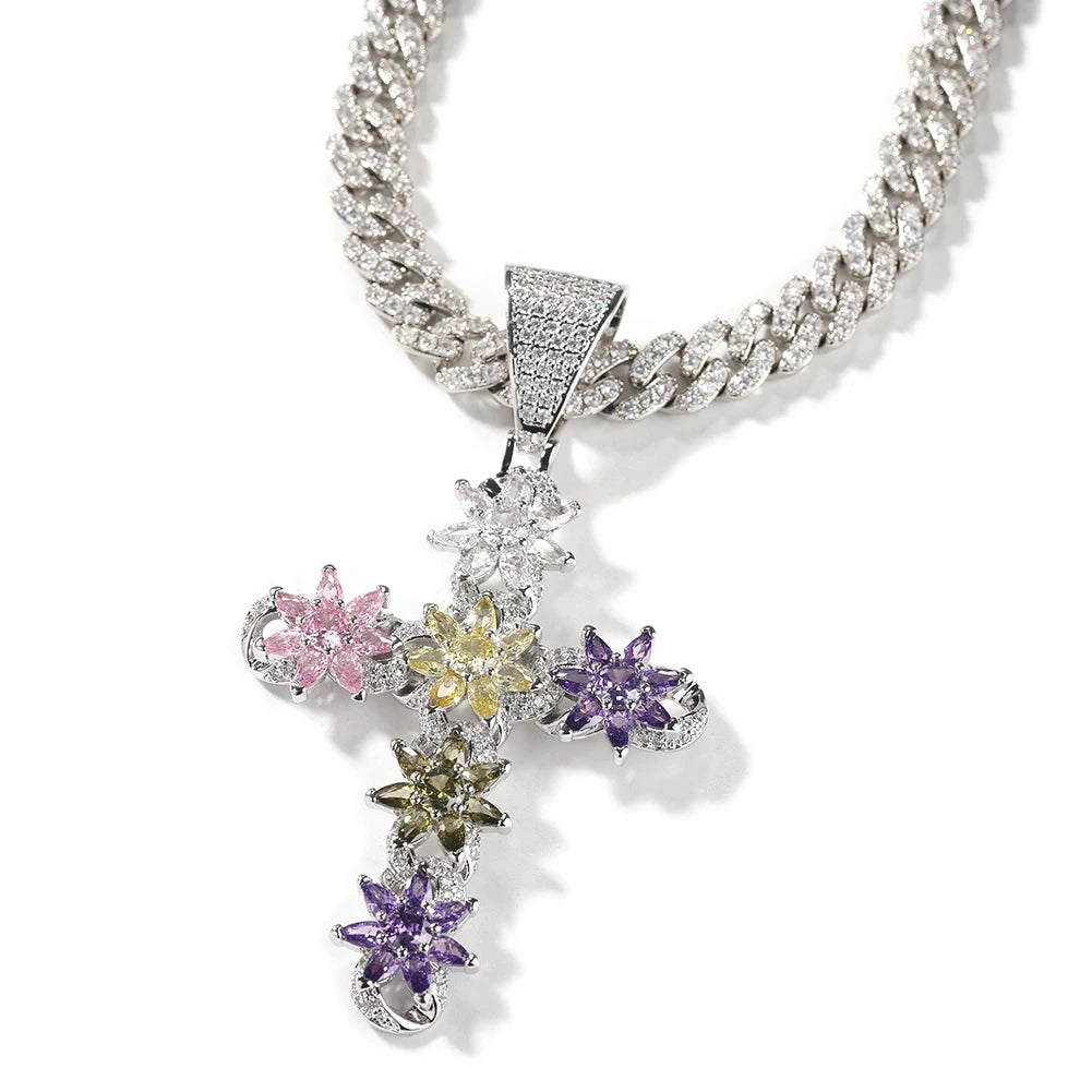 Pavé-Drenched Flower Cross Pendant