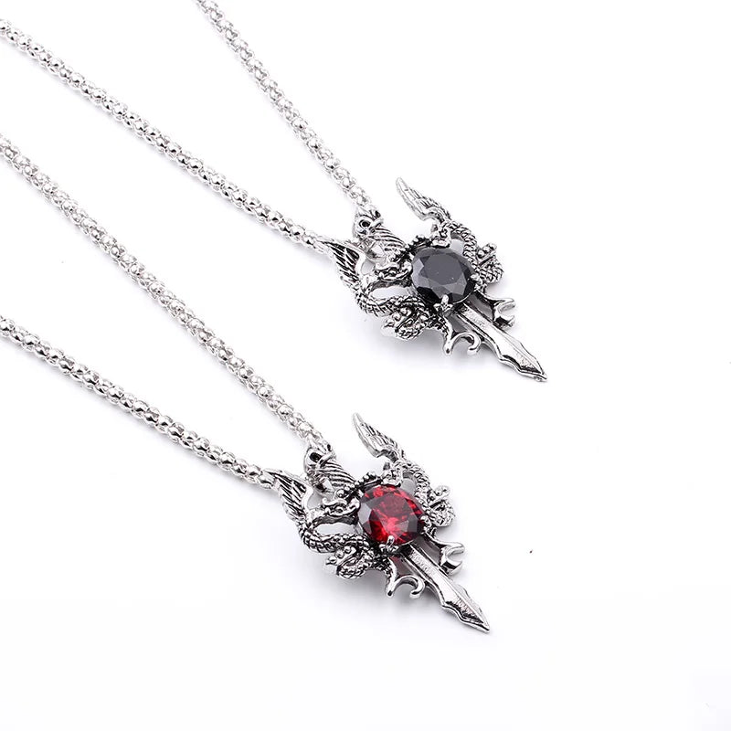 Double Dragon Black Gem Cross Necklace