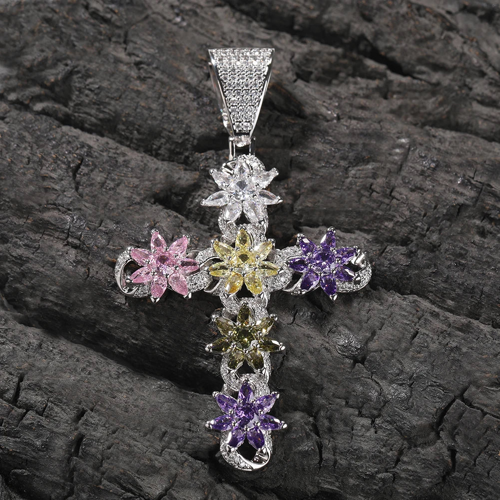 Pavé-Drenched Flower Cross Pendant