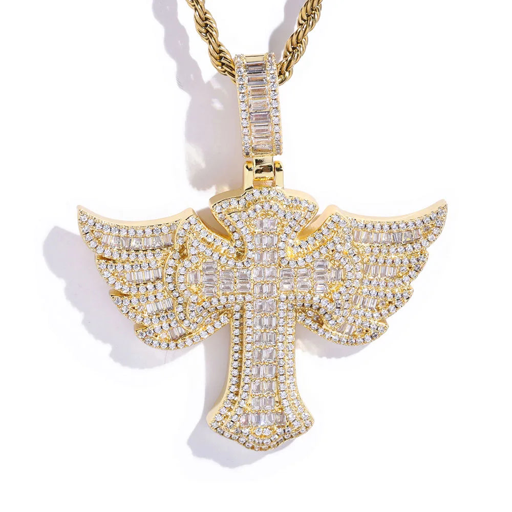 Pavé-Drenched Wing Angel Cross Pendant